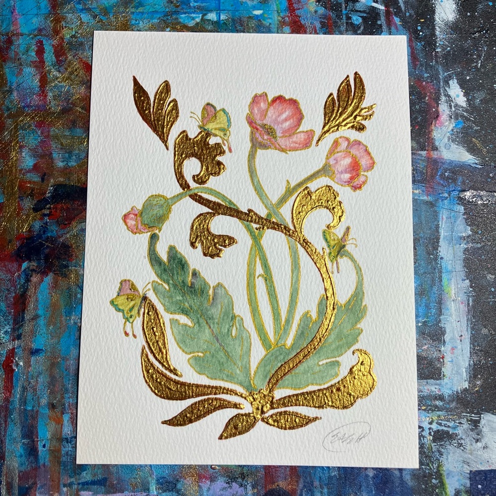 Butterflies poppies original painting cottage core wall art handmade Artettina
